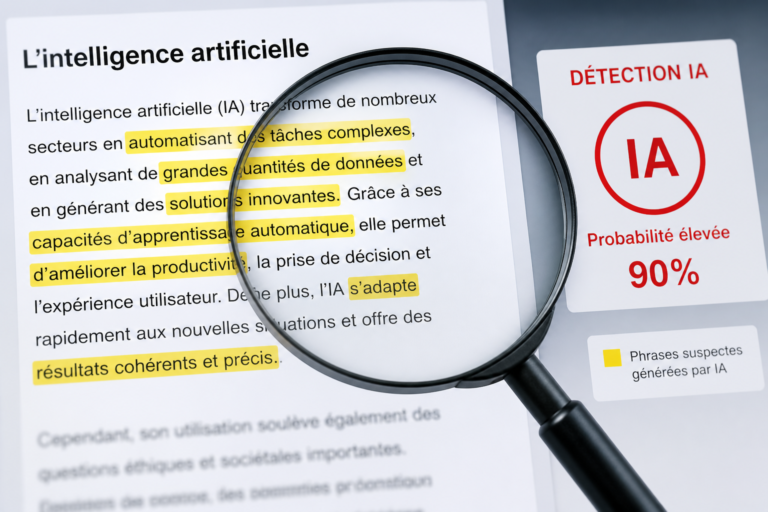 loupe sur texte avec passages surlignés signalant une écriture IA