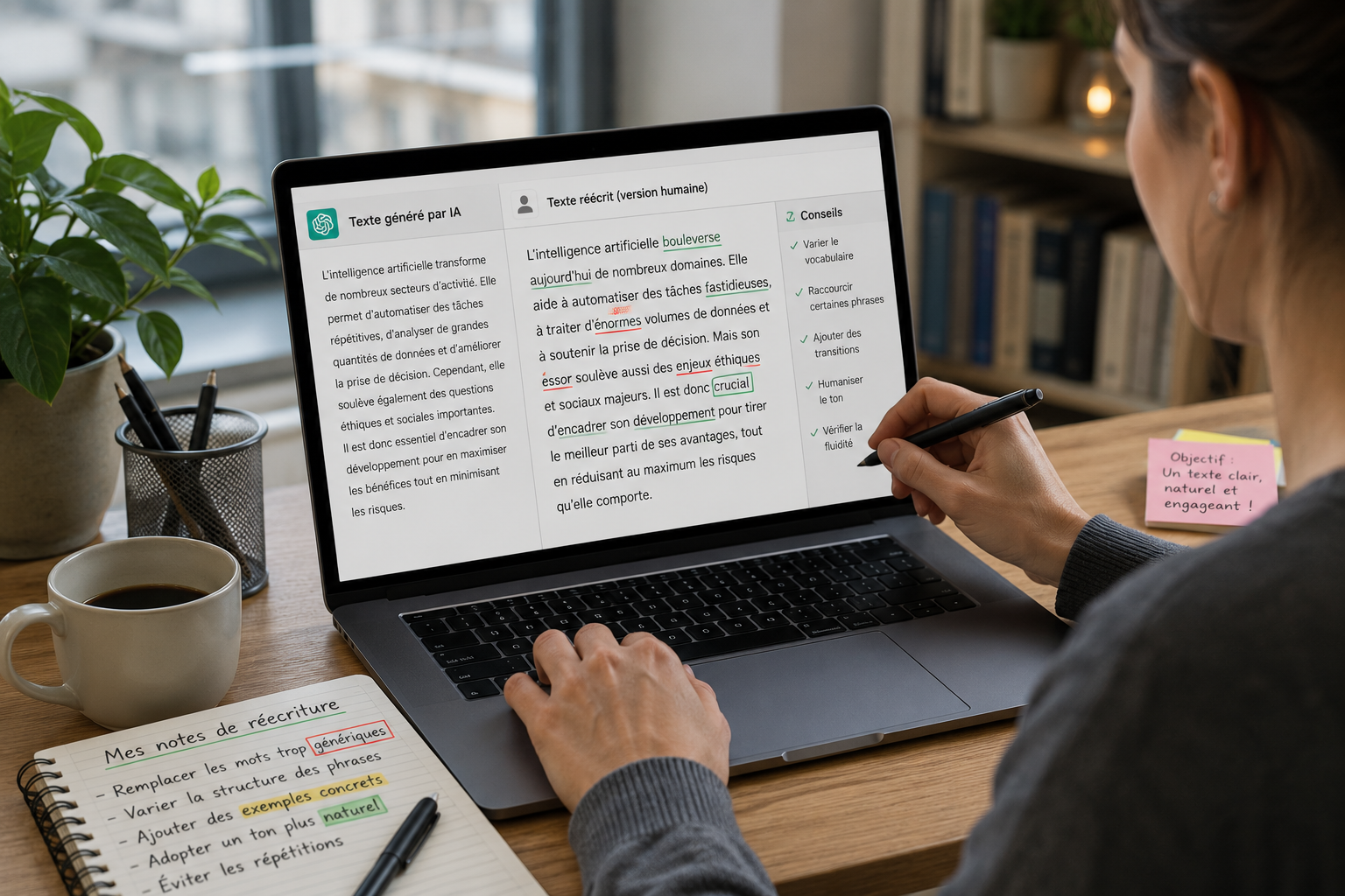 personne révisant un texte généré par IA sur son ordinateur