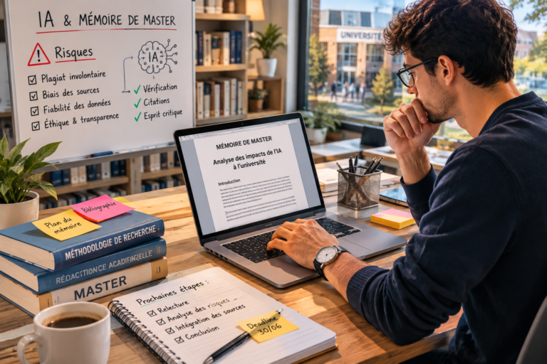 étudiant rédigeant son mémoire de master avec ordinateur portable